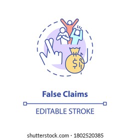 False claims concept icon. Common corporate crime. Financial fraud against government. American federal law idea thin line illustration. Vector isolated outline RGB color drawing. Editable stroke