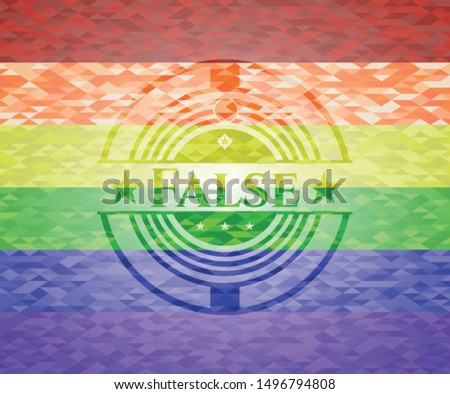 False emblem on mosaic background with the colors of the LGBT flag