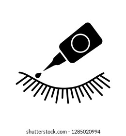 False eyelash glue glyph icon. Silhouette symbol. Lash adhesive. Temporary and permanent eyelashes extension glue. Negative space. Vector isolated illustration