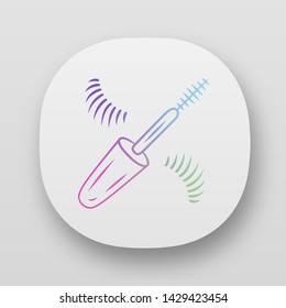 False eyelashes and mascara brush app icon. UI/UX user interface. Web or mobile application. Female fashion, eye makeover accessory vector isolated illustration. Makeup artist, beautician tool