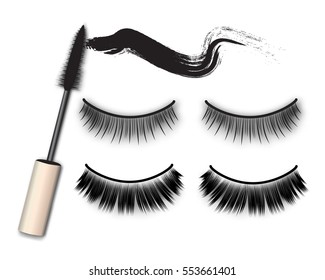 False eyelashes, mascara brush and black grunge swatch, vector illustration. Elegant woman's extensions set.