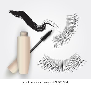 False eyelashes, mascara brush and black grunge swatch, vector illustration. Woman's cosmetics concept.