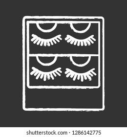 False eyelashes packaging chalk icon. Temporary lashes extension. 3D volume lashes strips. Fake eyelashes extension set. Isolated vector chalkboard illustration