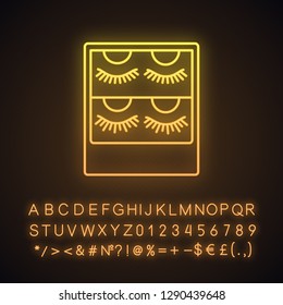 False eyelashes packaging neon light icon. Temporary lashes extension. 3D lashes strips. Fake eyelashes extension set. Glowing sign with alphabet, numbers and symbols. Vector isolated illustration