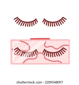 False Eyelashes In Pink Packaging. Pair Of Hand Drawn Long Lashes In Cartoon Style. Cute Vector Illustration Isolated On White Background.