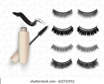 False eyelashes set, mascara tube and brush with black grunge swatch line, vector illustration. Woman's cosmetics concept on pattern with hearts.