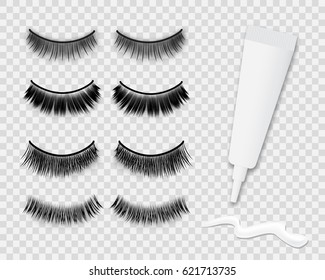 False eyelashes and white glue tube isolated on transparent background, vector illustration. Woman's realistic cosmetic conceptual mockup.