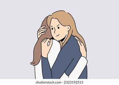 False friendship between two women hugging and conceived insidious plan in secret from friend. Insidious girl cunningly hugs crying female friend to console after breaking up with boyfriend