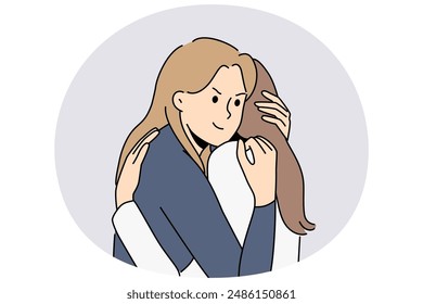 False friendship between two women hugging and conceived insidious plan in secret from friend. Insidious girl cunningly hugs crying female friend to console after breaking up with boyfriend