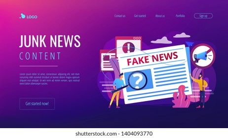 False information broadcasting. Press, newspaper journalists, editors. Fake news, junk news content, disinformation in media concept. Website homepage landing web page template.
