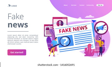 False information broadcasting. Press, newspaper journalists, editors. Fake news, junk news content, disinformation in media concept. Website homepage landing web page template.