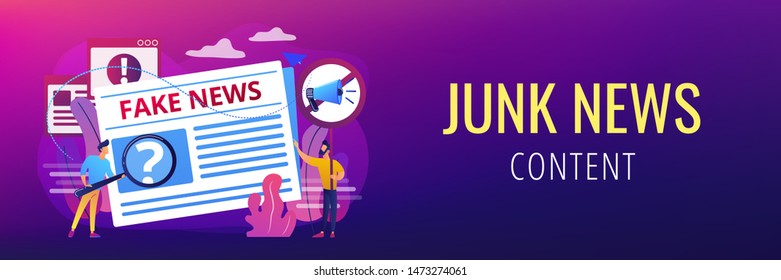 False information broadcasting. Press, newspaper journalists, editors. Fake news, junk news content, disinformation in media concept. Header or footer banner template with copy space.