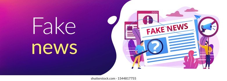False information broadcasting. Press, newspaper journalists, editors. Fake news, junk news content, disinformation in media concept. Header or footer banner template with copy space.