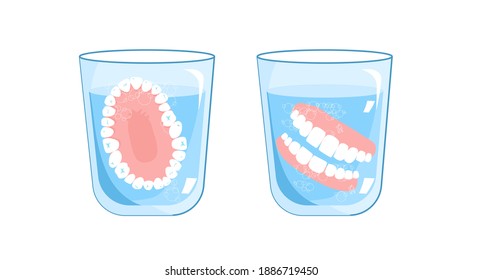 Falscher Kiefer in Glas mit Wasser.Oben, Vorderansicht.Entfernbare Platte oder Rahmen, die künstliche Zähne hält.Zahnhygiene.Orthodontik und orale Chirurgie.Banner für die Klinik