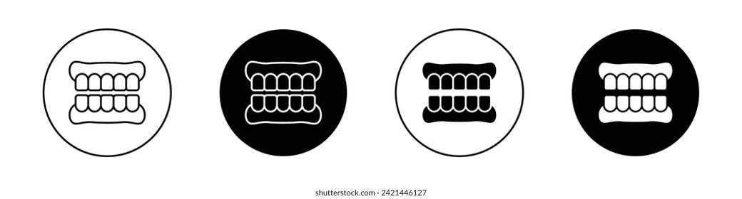 Juego de iconos de la mandíbula falsa. Símbolo vector de dientes de dentadura protésico en estilo negro relleno y delineado. Signo falso de implante dental.