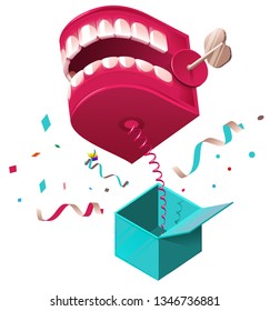 False jaw surprise for April 1 fools day. Raffle prank jumps out of box on spring. Vector cartoon illustration isolated on white