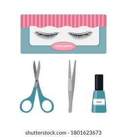 False lashes and application tools set - beauty fake eyelashes applying makeup equipment. Scissors, tweezers and eyelash glue, isolated vector illustration.