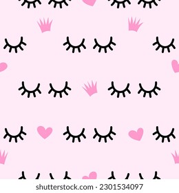 False lashes pattern on pink background - funny hand drawn doodle, seamless pattern. sleeping beauty. Cartoon background, texture for bedsheets, pajamas.