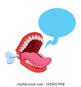 false mechanical chattering jaws with teeth and tongue with speech bubble icon cartoon vector illustration graphic design