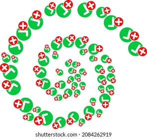 False positive icon spiral twirl mosaic. False positive symbols are arranged into twist mosaic structure. Abstract twist done from scattered false positive icons.