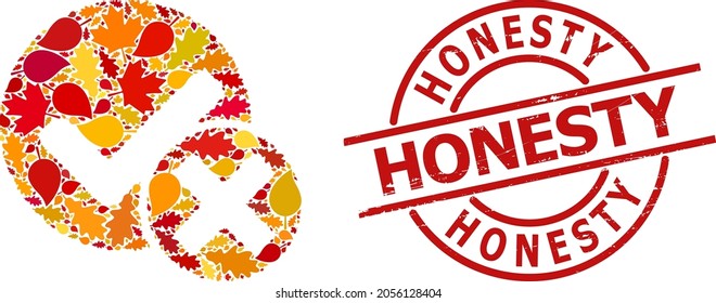 False Positive mosaic icon done for fall season, and HONESTY scratched stamp print. Vector false positive mosaic is designed from scattered autumn maple and oak leaves.