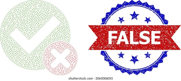 False scratched seal, and false positive icon mesh model. Red and blue bicolor seal has False tag inside ribbon and rosette. Abstract flat mesh false positive, designed with flat mesh.