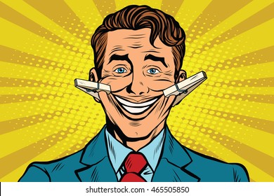 The false smile face with clothespins, pop art retro vector illustration