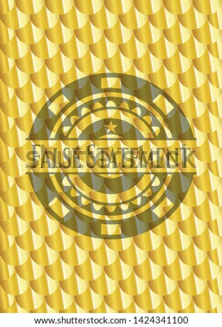 False Statement golden emblem or badge. Scales pattern. Vector Illustration. Detailed.