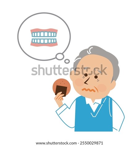 False teeth, dentures, worried elderly man, illustration material