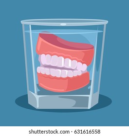 False Teeth In Glass. Vector Flat Cartoon Illustration