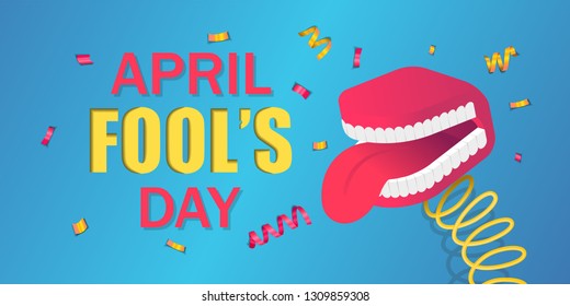 False teeth with tongue toy april fool's day banner