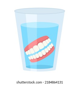 False teeth in water glass vector illustration on white background. Dentures. Dental prosthetic.