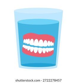 False teeth in water glass vector illustration on white background. Dentures. Dental prosthetic.