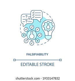 Falsifiability concept icon. Scientific knowledge idea thin line illustration. Theory and hypothesis. Not tested objects. Vector isolated outline RGB color drawing. Editable stroke.
