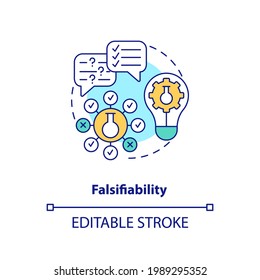 Falsifiability concept icon. Scientific knowledge idea thin line illustration. Theory and hypothesis. Imprecise terms. Not tested. Vector isolated outline RGB color drawing. Editable stroke