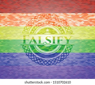 Falsify emblem on mosaic background with the colors of the LGBT flag