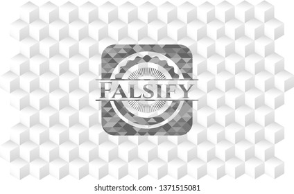 Falsify grey emblem with geometric cube white background