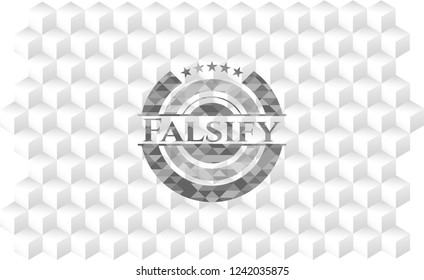 Falsify realistic grey emblem with geometric cube white background