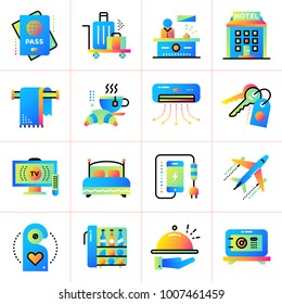 Falt icon set of hotel services. Material design icon suitable for print, website and presentation