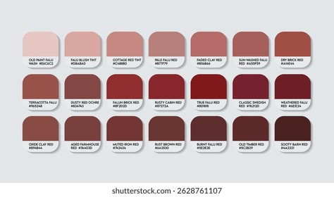 Falu Red color Palette. Classic and Traditional Falu Red Tones Swatch Chart with HEX Codes and Color Names. Earthy and Muted Falu Reds. Warm and Dusty Variants Tones. brick, Light, Sun-Faded Tints