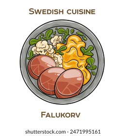 Falukorv is a popular Swedish sausage made from a blend of pork and beef or veal, lightly seasoned with spices such as white pepper, ginger, and nutmeg. Hand-drawn vector illustration