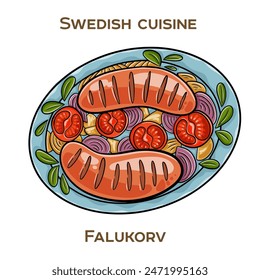 Falukorv is a popular Swedish sausage made from a blend of pork and beef or veal, lightly seasoned with spices such as white pepper, ginger, and nutmeg. Hand-drawn vector illustration