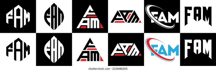 FAM letter logo design in six style. FAM polygon, circle, triangle, hexagon, flat and simple style with black and white color variation letter logo set in one artboard. FAM minimalist and classic logo