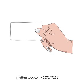 Famale hand holding a blank card. Vector illustration