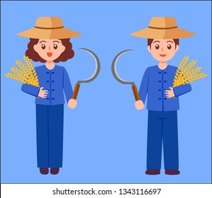 famale and male farmer harvest rice, Flat cartoon vector illustration isolated on EPS10.