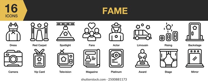 Fame icon set. Includes actor, award, dress, spotlight, stage, television, rising, and More. Outline icons vector collection.