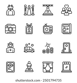 Fame icon set. Includes actor, award, dress, spotlight, stage, television, rising, and More. Outline icons vector collection.