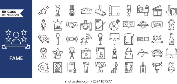 Fame icon set in line style. Popular, famous, star, singer, actor, actress and more. Vector illustration