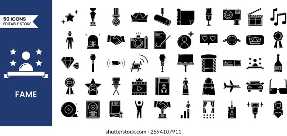 Fame icon set in solid style. Popular, famous, star, singer, actor, actress and more. Vector illustration