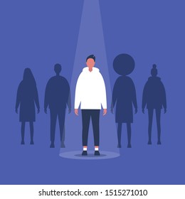 Fame. Male character standing on a stage under the light beam. Outstanding qualities. Skill. Talent. Flat editable vector illustration, clip art